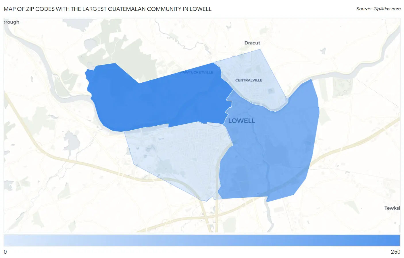 Zip Codes with the Largest Guatemalan Community in Lowell Map