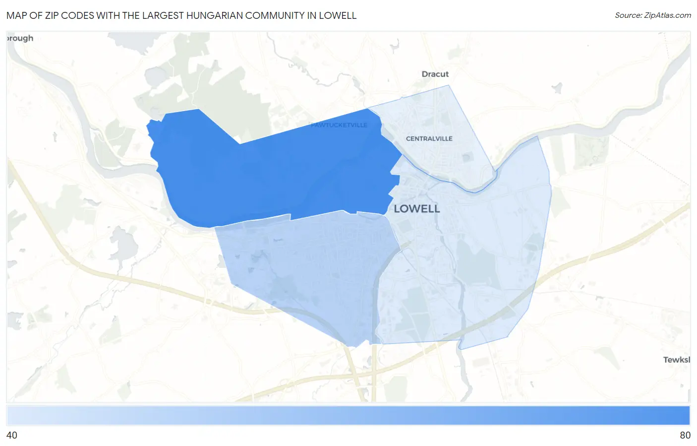 Zip Codes with the Largest Hungarian Community in Lowell Map