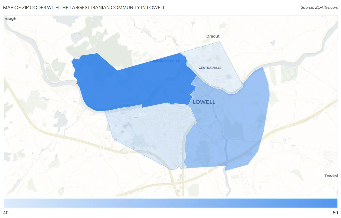 Zip Codes with the Largest Iranian Community in Lowell Map