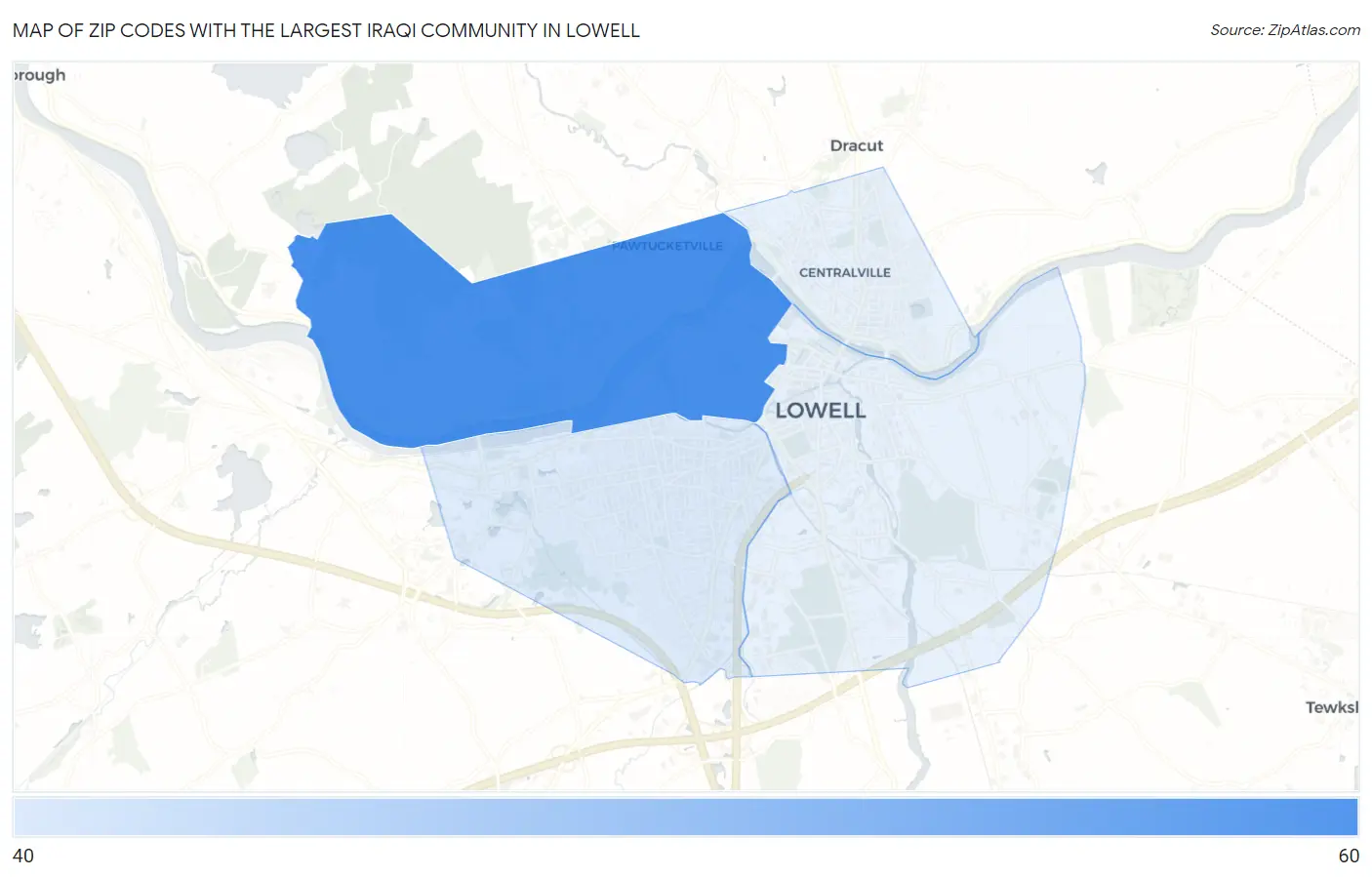 Zip Codes with the Largest Iraqi Community in Lowell Map