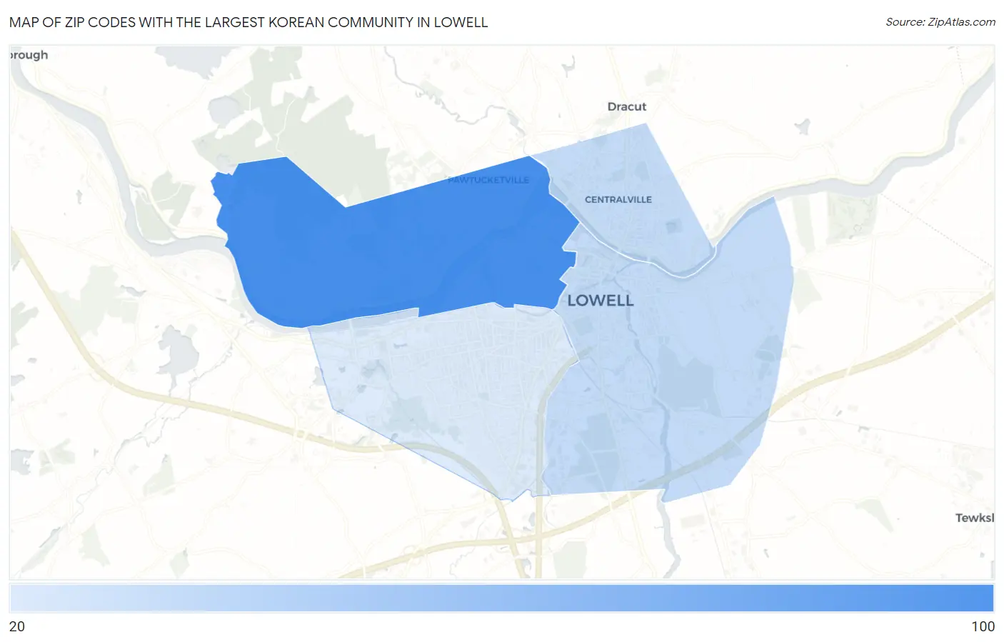 Zip Codes with the Largest Korean Community in Lowell Map