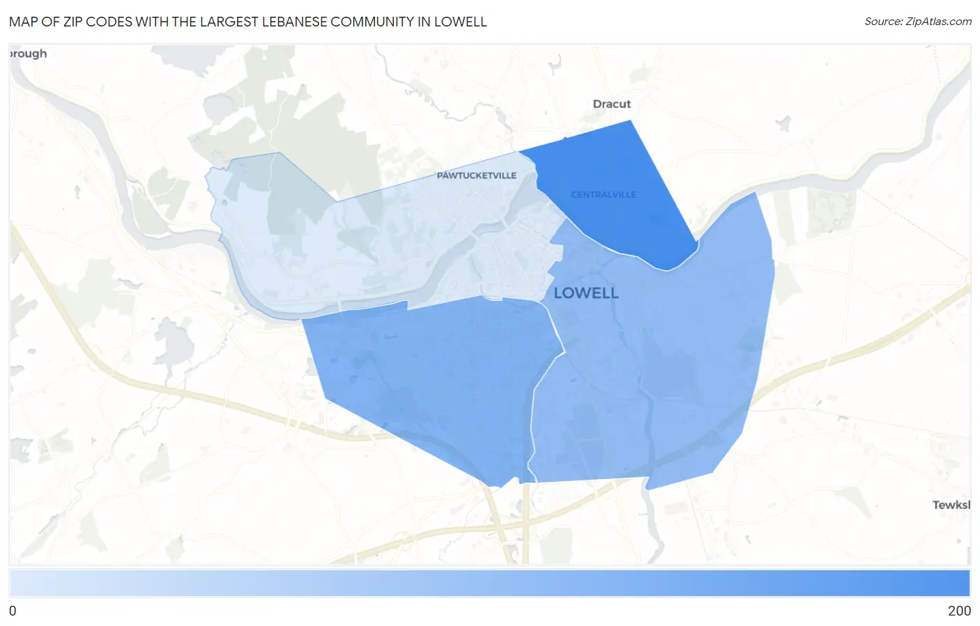 Zip Codes with the Largest Lebanese Community in Lowell Map