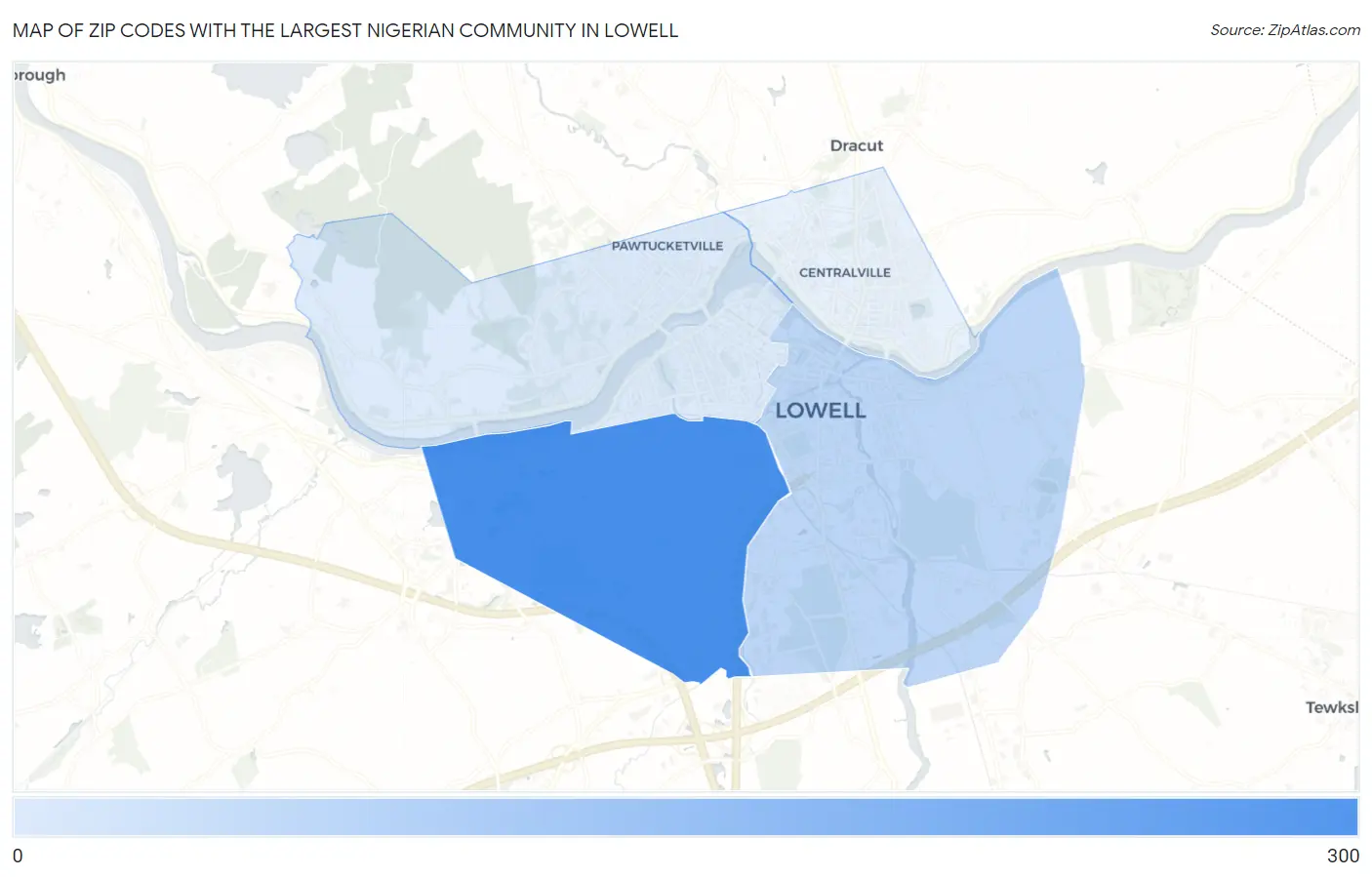 Zip Codes with the Largest Nigerian Community in Lowell Map