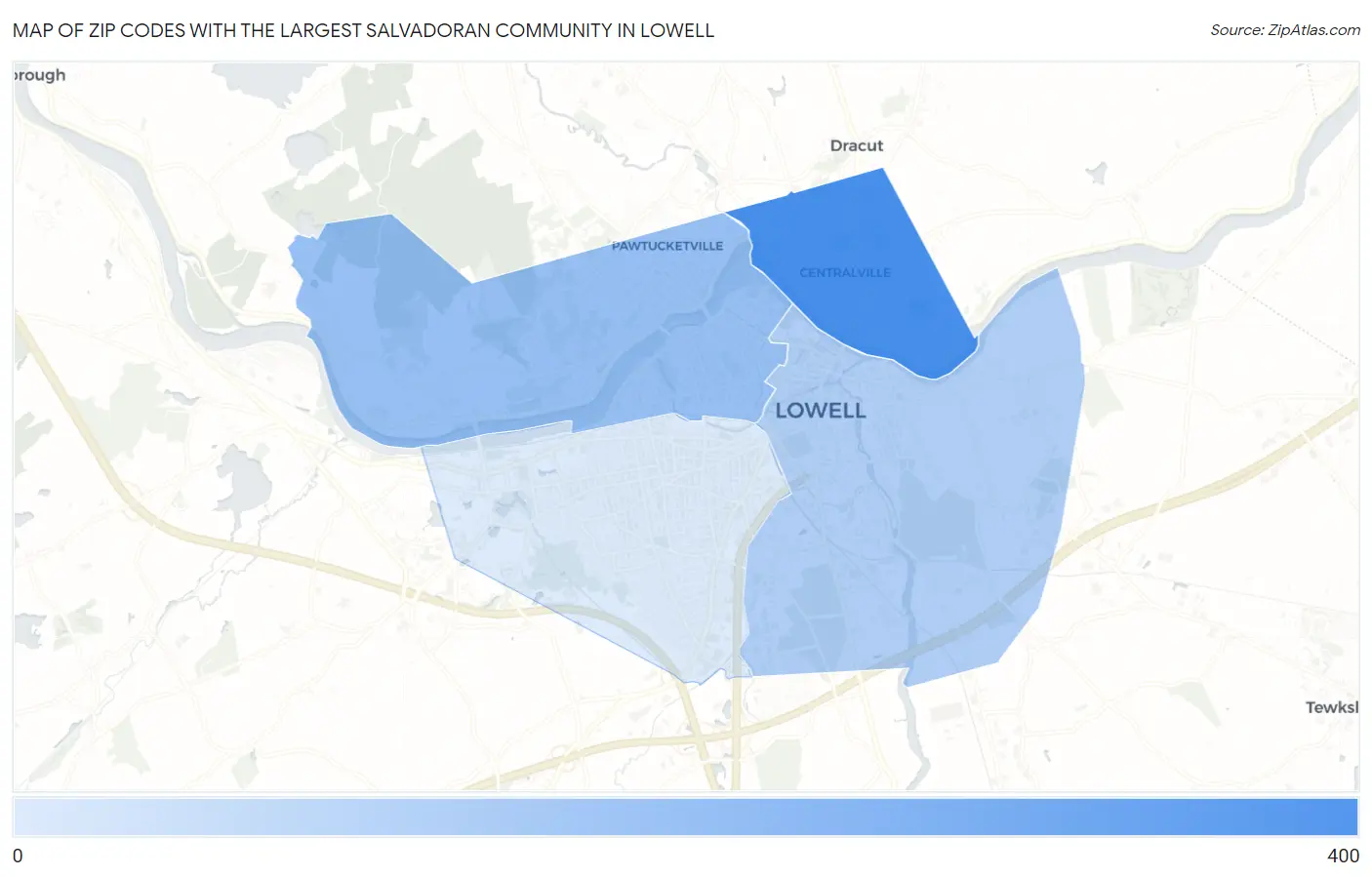 Zip Codes with the Largest Salvadoran Community in Lowell Map