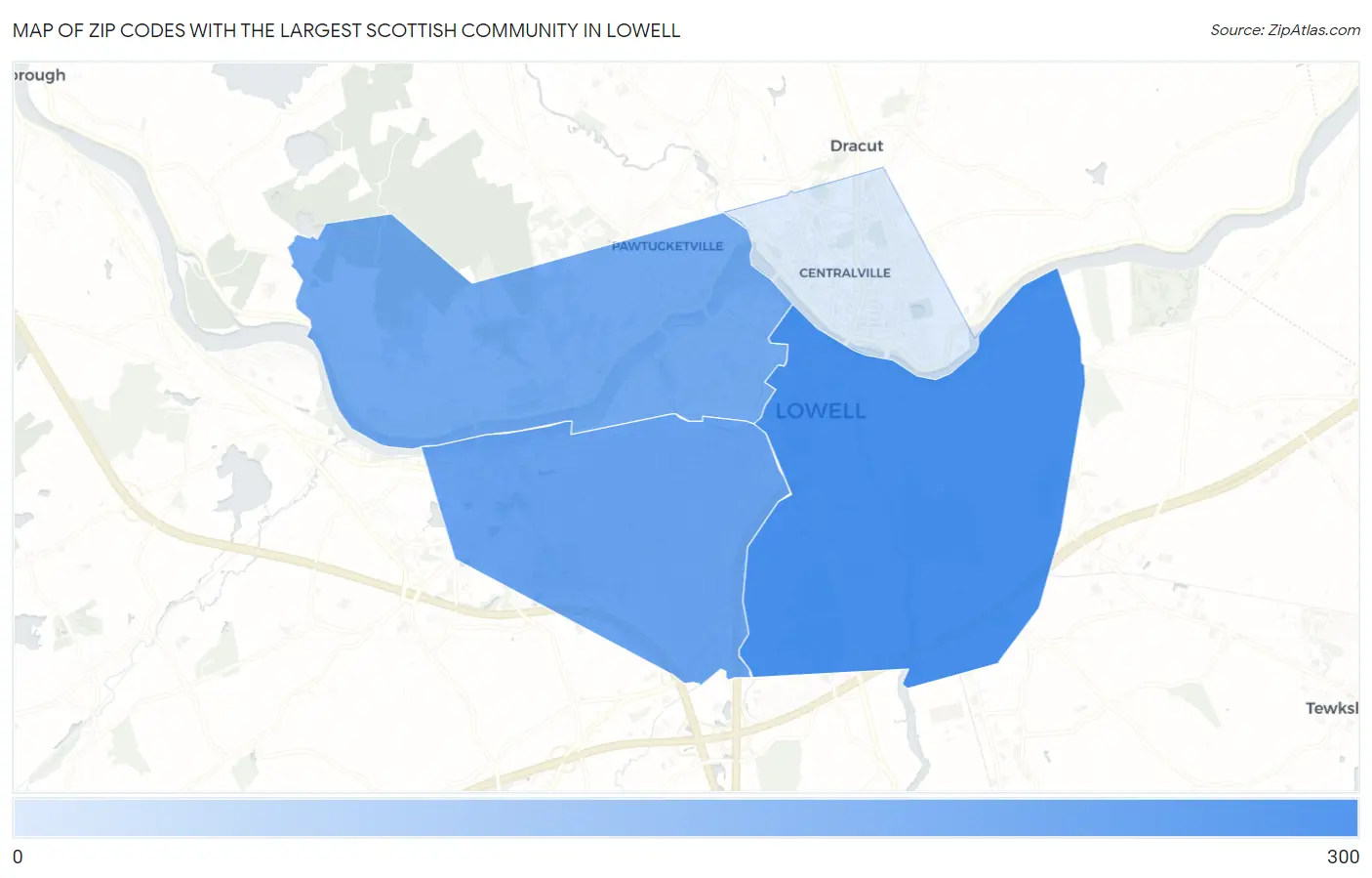 Zip Codes with the Largest Scottish Community in Lowell Map