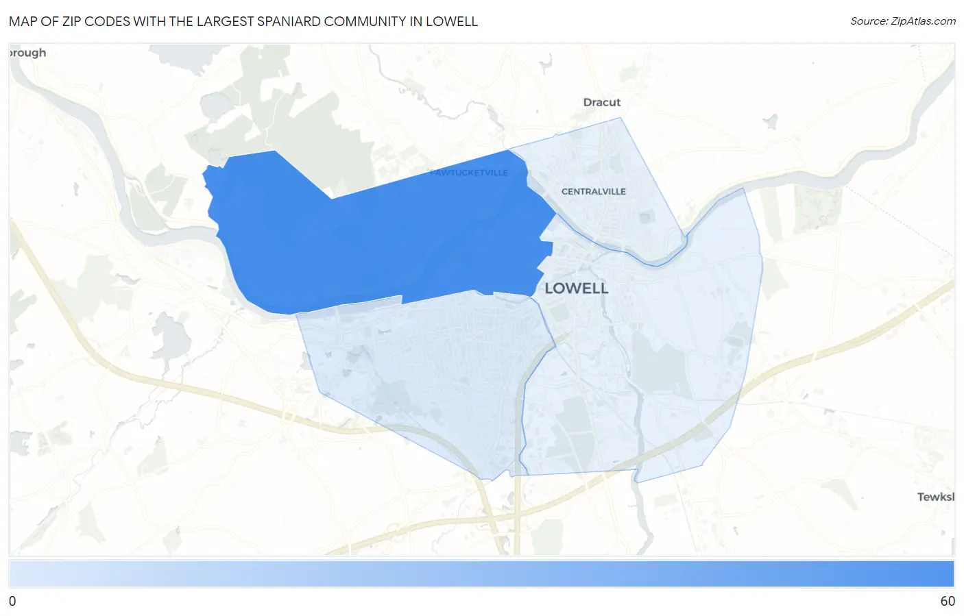 Zip Codes with the Largest Spaniard Community in Lowell Map