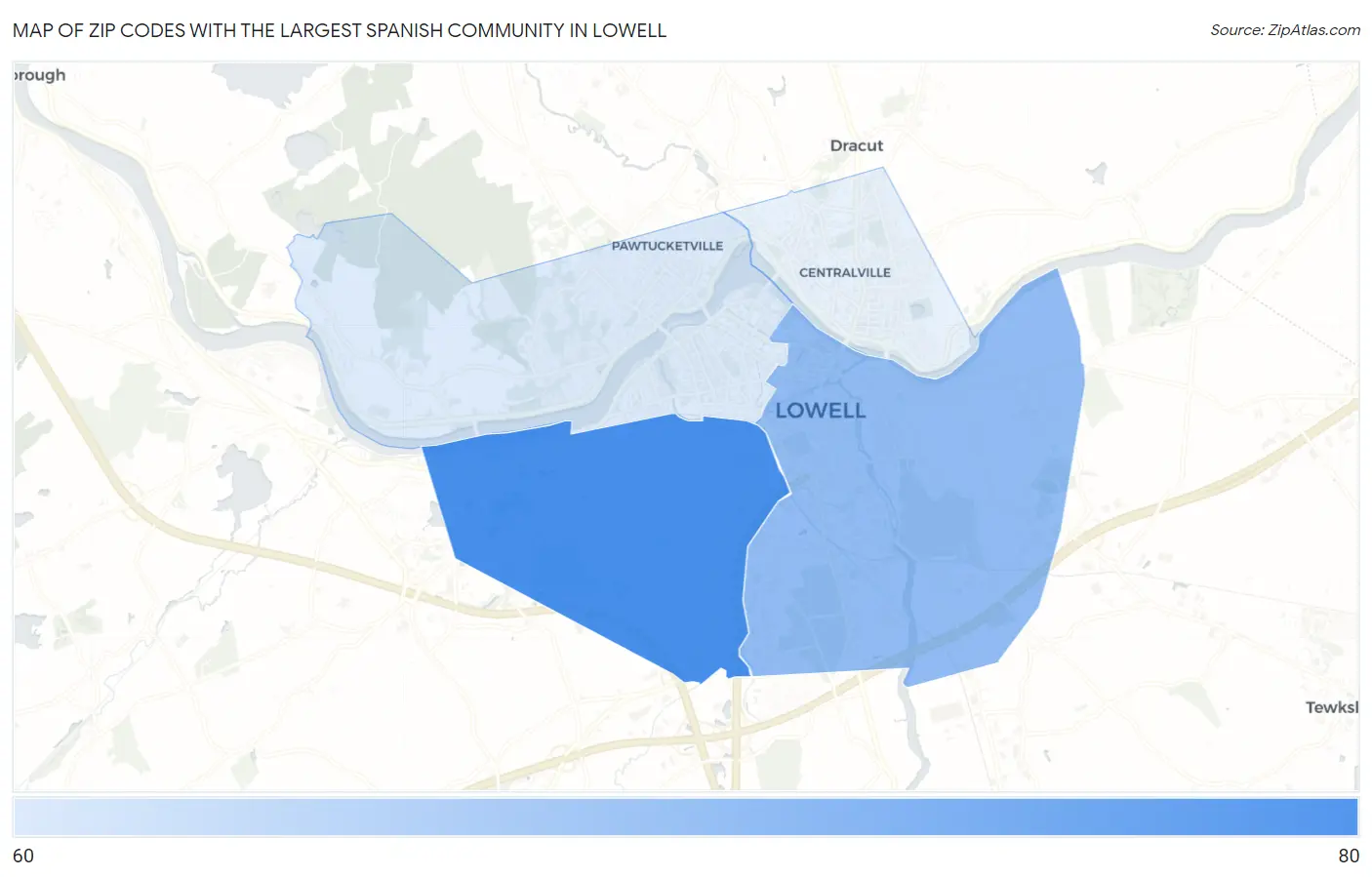 Zip Codes with the Largest Spanish Community in Lowell Map