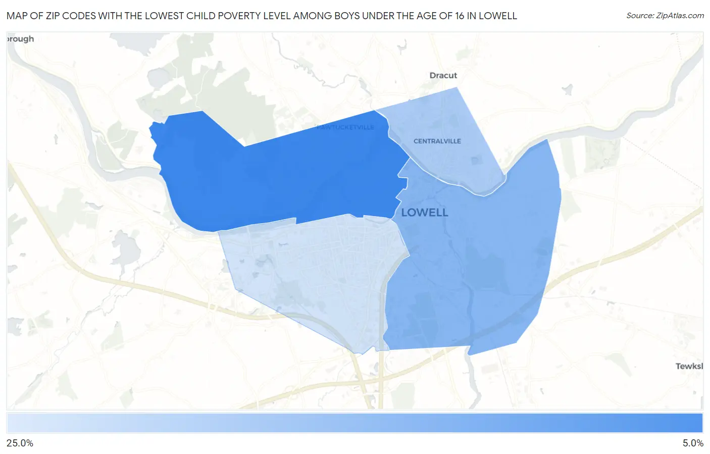 Zip Codes with the Lowest Child Poverty Level Among Boys Under the Age of 16 in Lowell Map