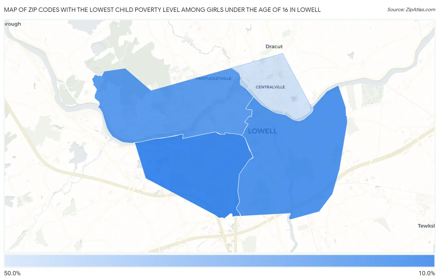 Zip Codes with the Lowest Child Poverty Level Among Girls Under the Age of 16 in Lowell Map
