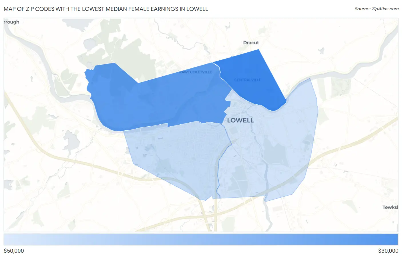 Zip Codes with the Lowest Median Female Earnings in Lowell Map