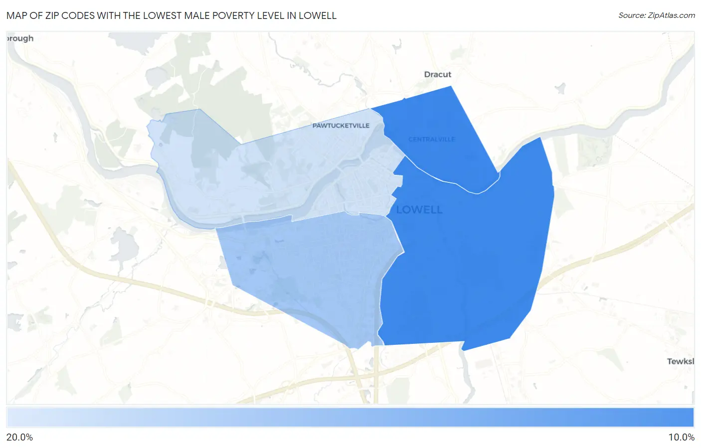 Zip Codes with the Lowest Male Poverty Level in Lowell Map