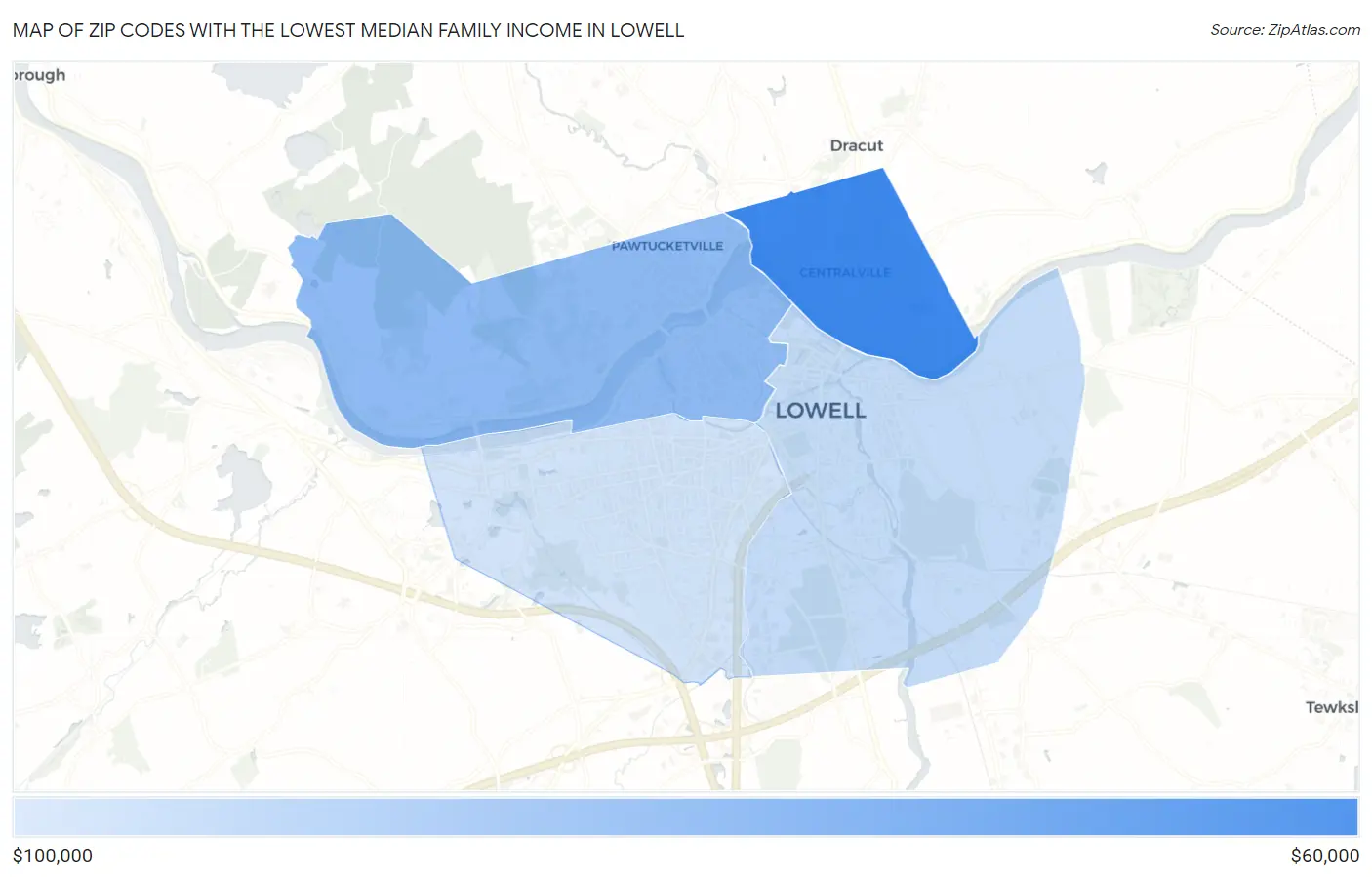Zip Codes with the Lowest Median Family Income in Lowell Map