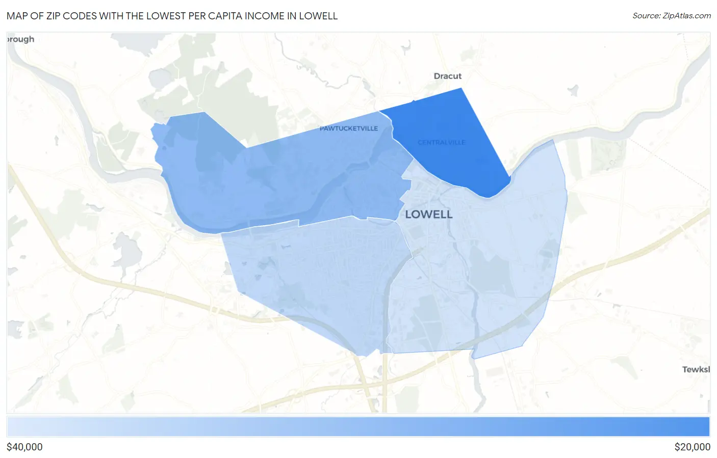 Zip Codes with the Lowest Per Capita Income in Lowell Map