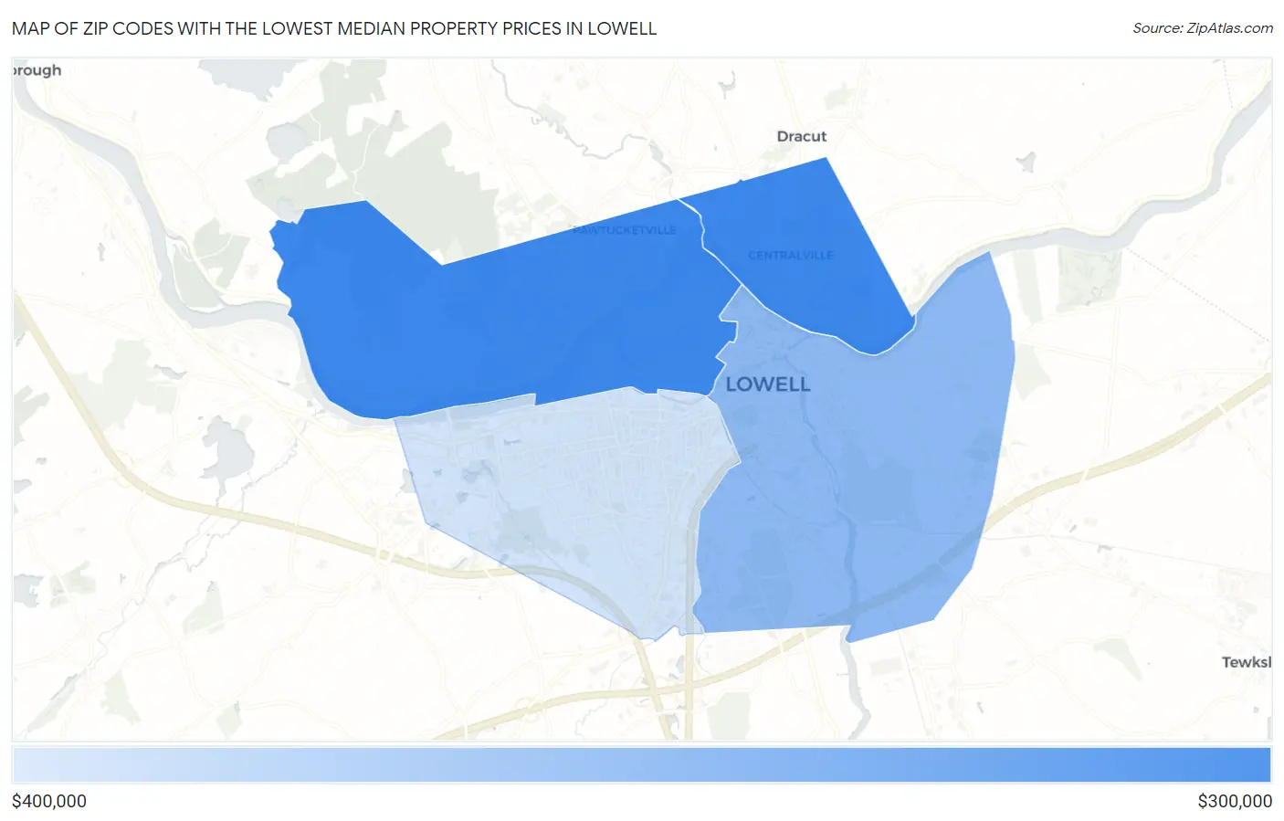 Zip Codes with the Lowest Median Property Prices in Lowell Map