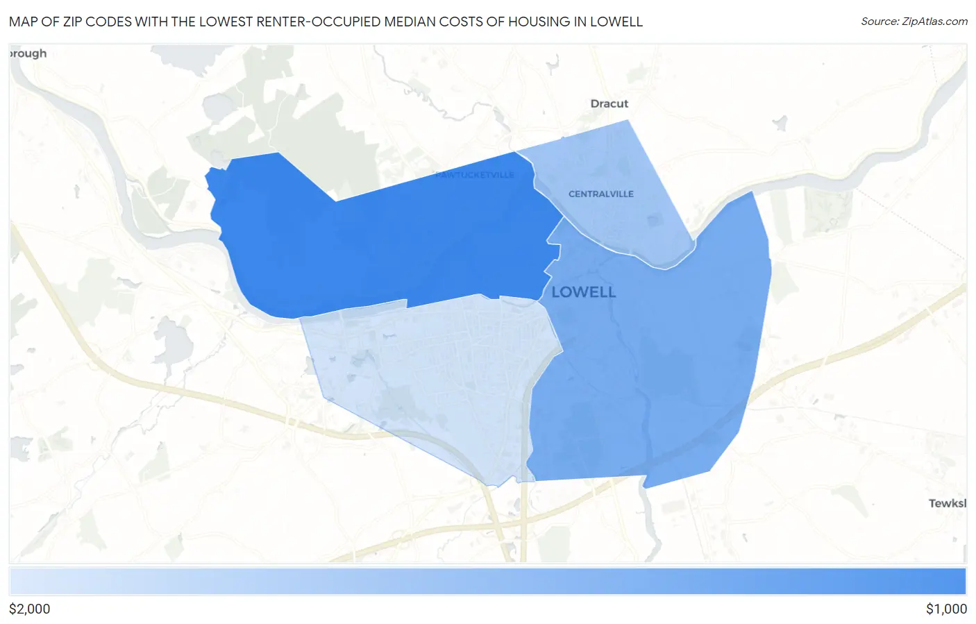 Zip Codes with the Lowest Renter-Occupied Median Costs of Housing in Lowell Map