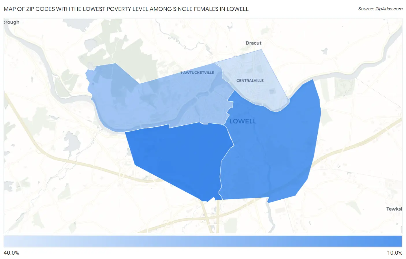 Zip Codes with the Lowest Poverty Level Among Single Females in Lowell Map