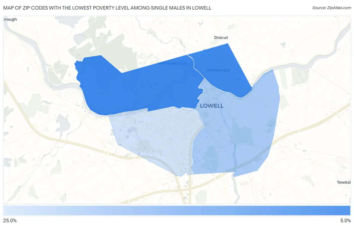 Zip Codes with the Lowest Poverty Level Among Single Males in Lowell Map