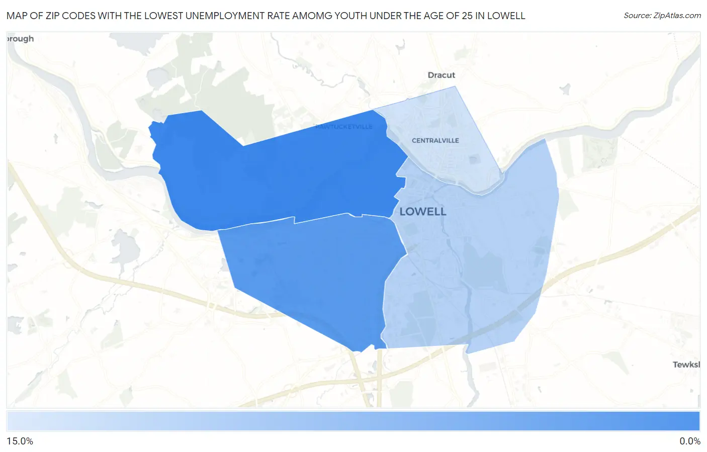 Zip Codes with the Lowest Unemployment Rate Amomg Youth Under the Age of 25 in Lowell Map
