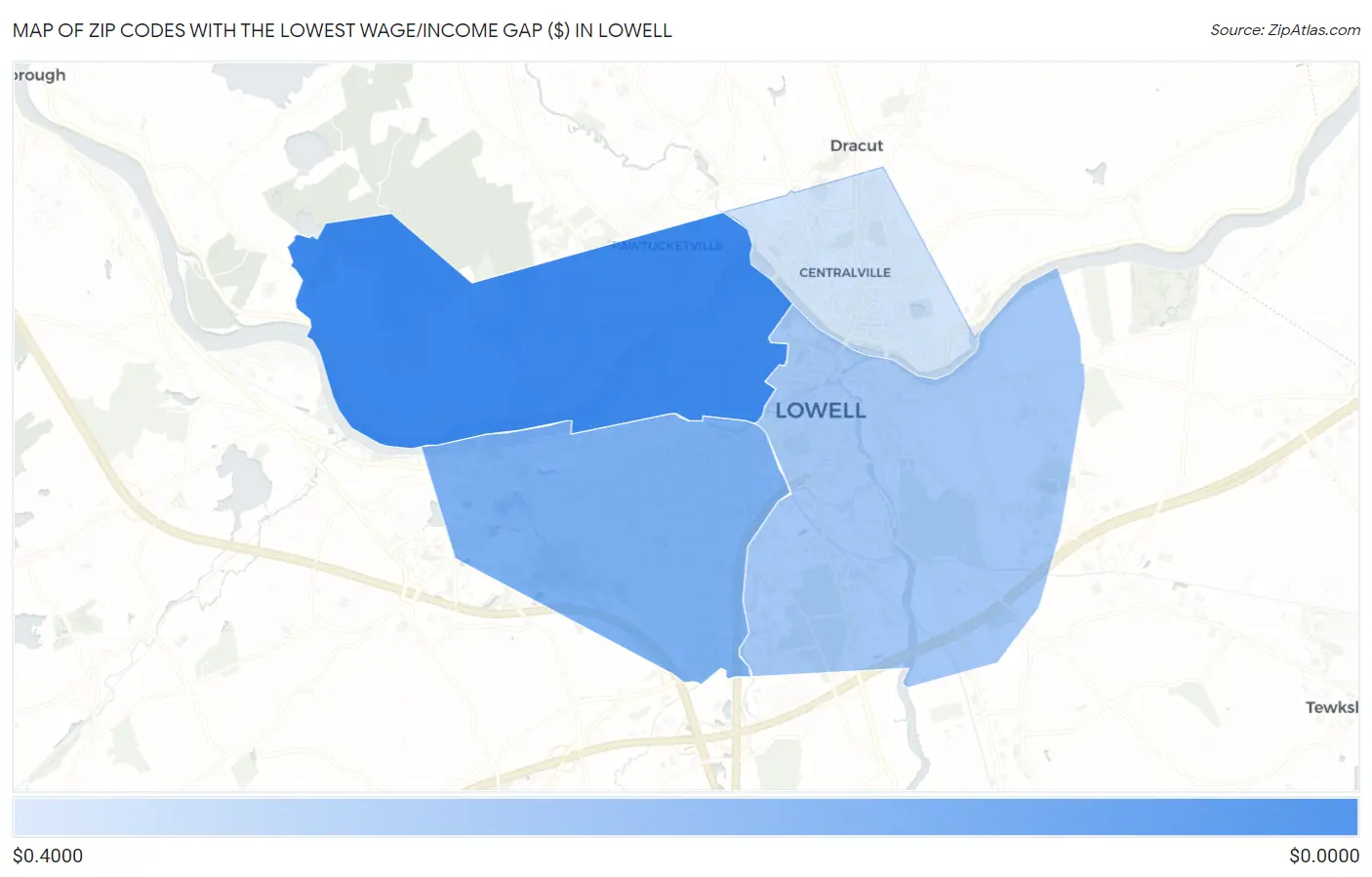 Zip Codes with the Lowest Wage/Income Gap ($) in Lowell Map