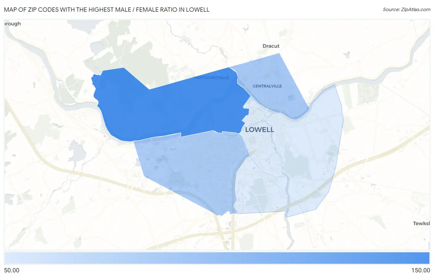 Zip Codes with the Highest Male / Female Ratio in Lowell Map