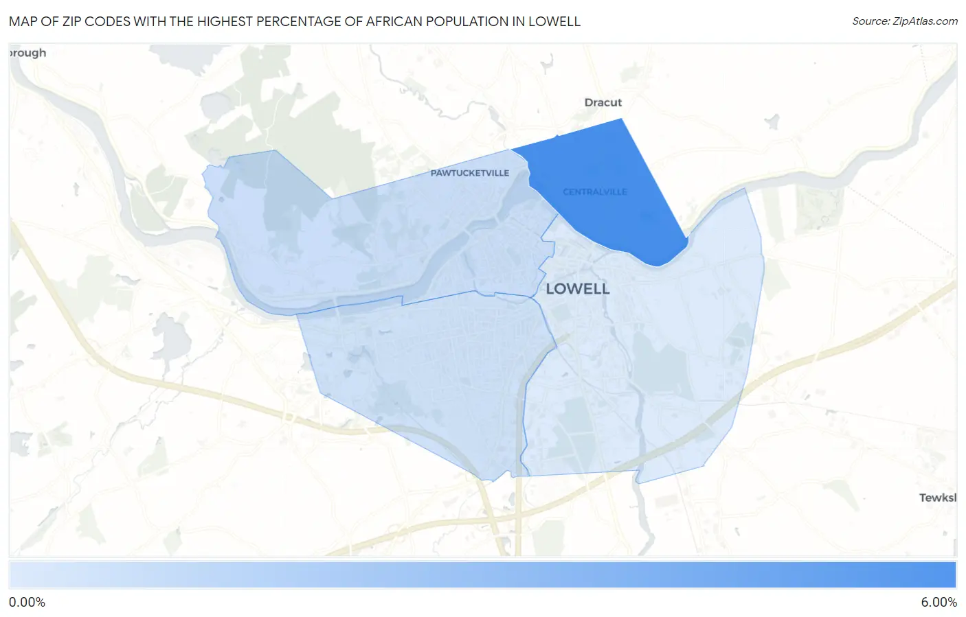 Zip Codes with the Highest Percentage of African Population in Lowell Map