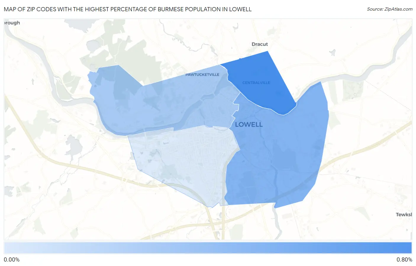 Zip Codes with the Highest Percentage of Burmese Population in Lowell Map