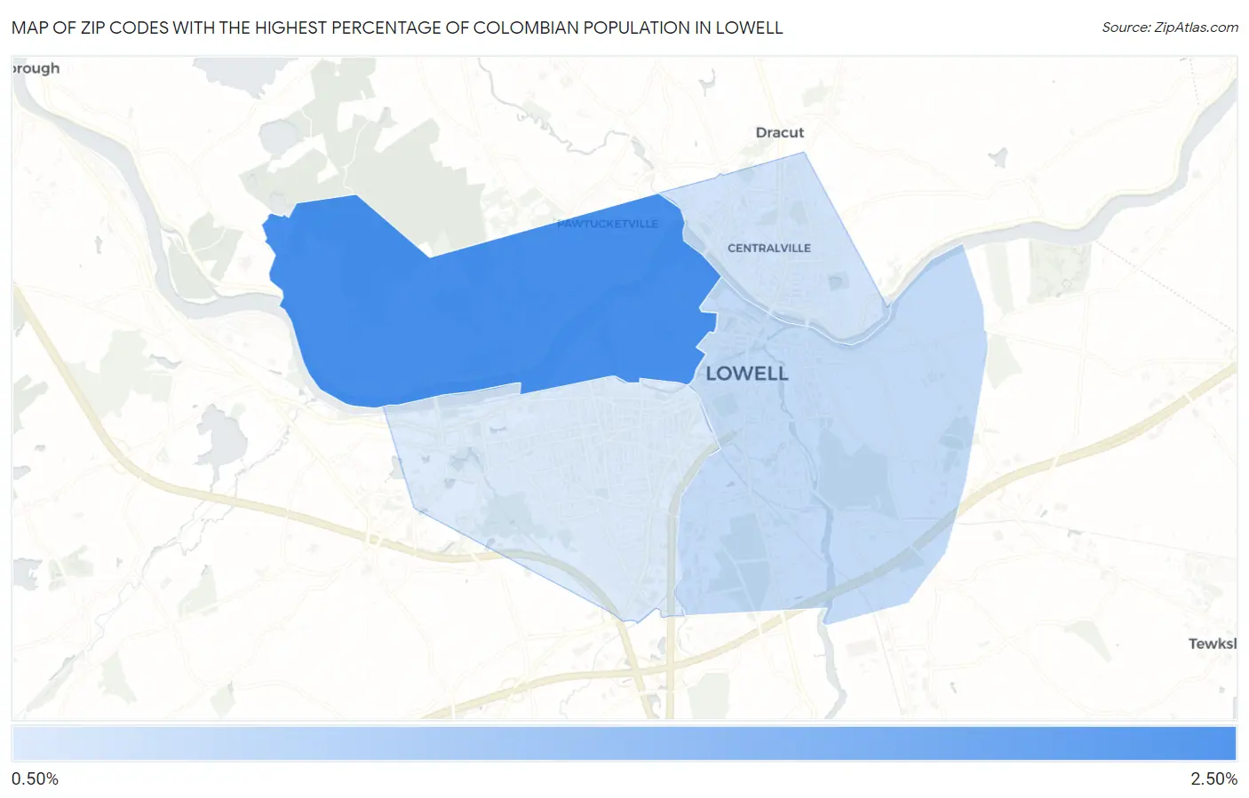 Zip Codes with the Highest Percentage of Colombian Population in Lowell Map