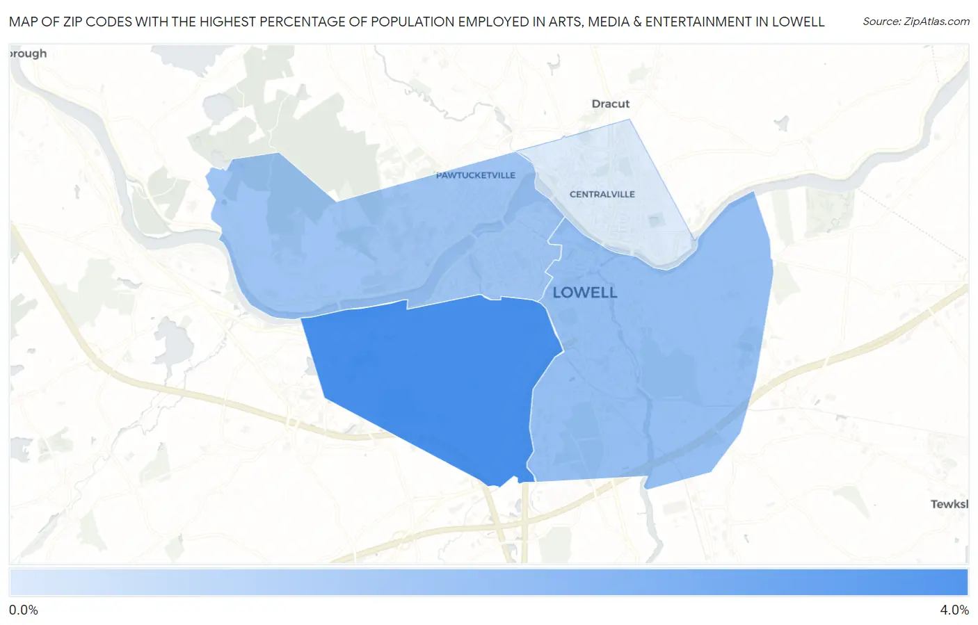 Zip Codes with the Highest Percentage of Population Employed in Arts, Media & Entertainment in Lowell Map