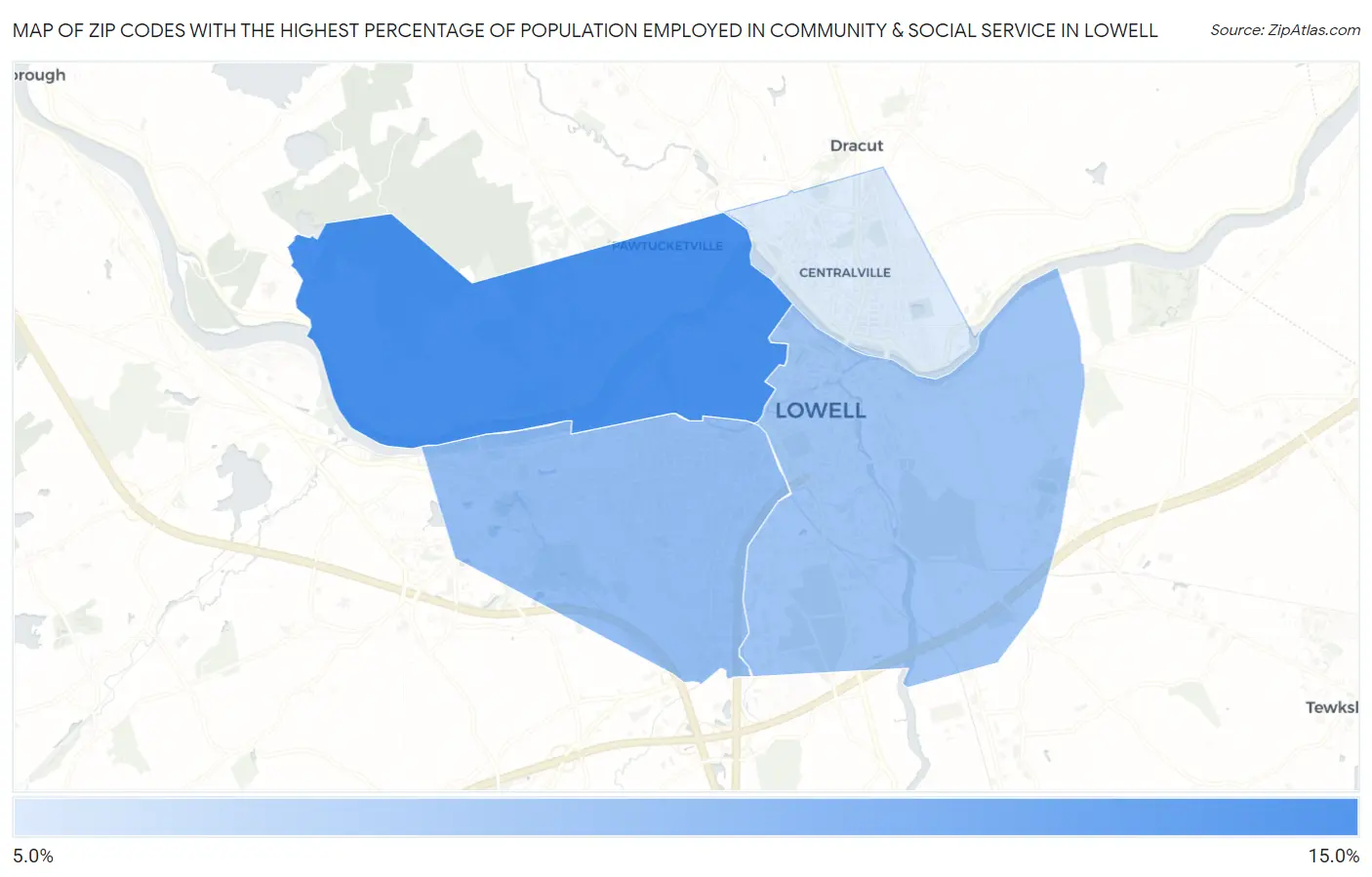 Zip Codes with the Highest Percentage of Population Employed in Community & Social Service  in Lowell Map