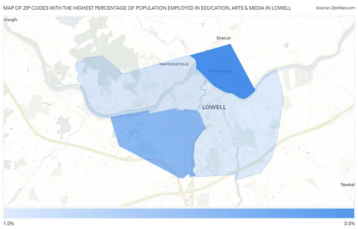 Zip Codes with the Highest Percentage of Population Employed in Education, Arts & Media in Lowell Map