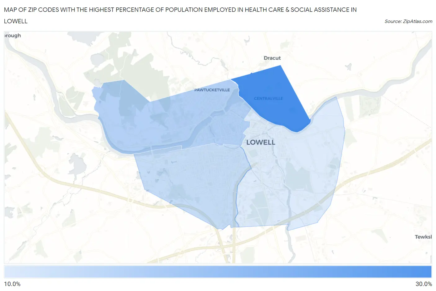 Zip Codes with the Highest Percentage of Population Employed in Health Care & Social Assistance in Lowell Map