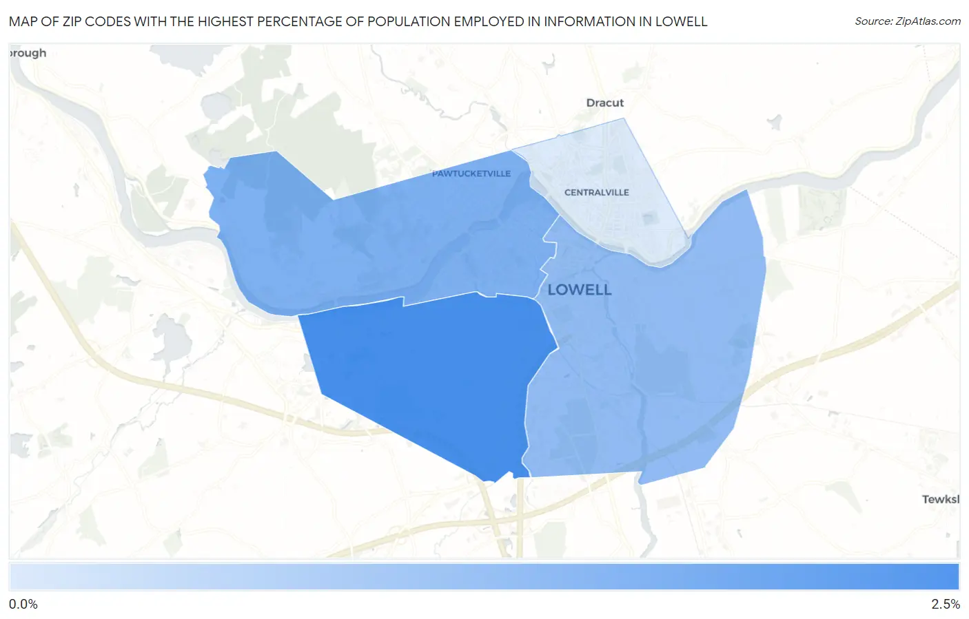 Zip Codes with the Highest Percentage of Population Employed in Information in Lowell Map