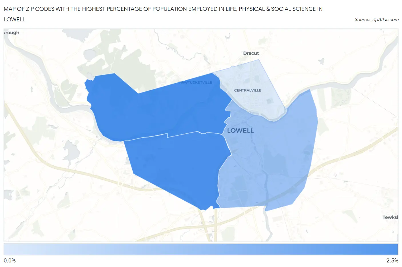 Zip Codes with the Highest Percentage of Population Employed in Life, Physical & Social Science in Lowell Map