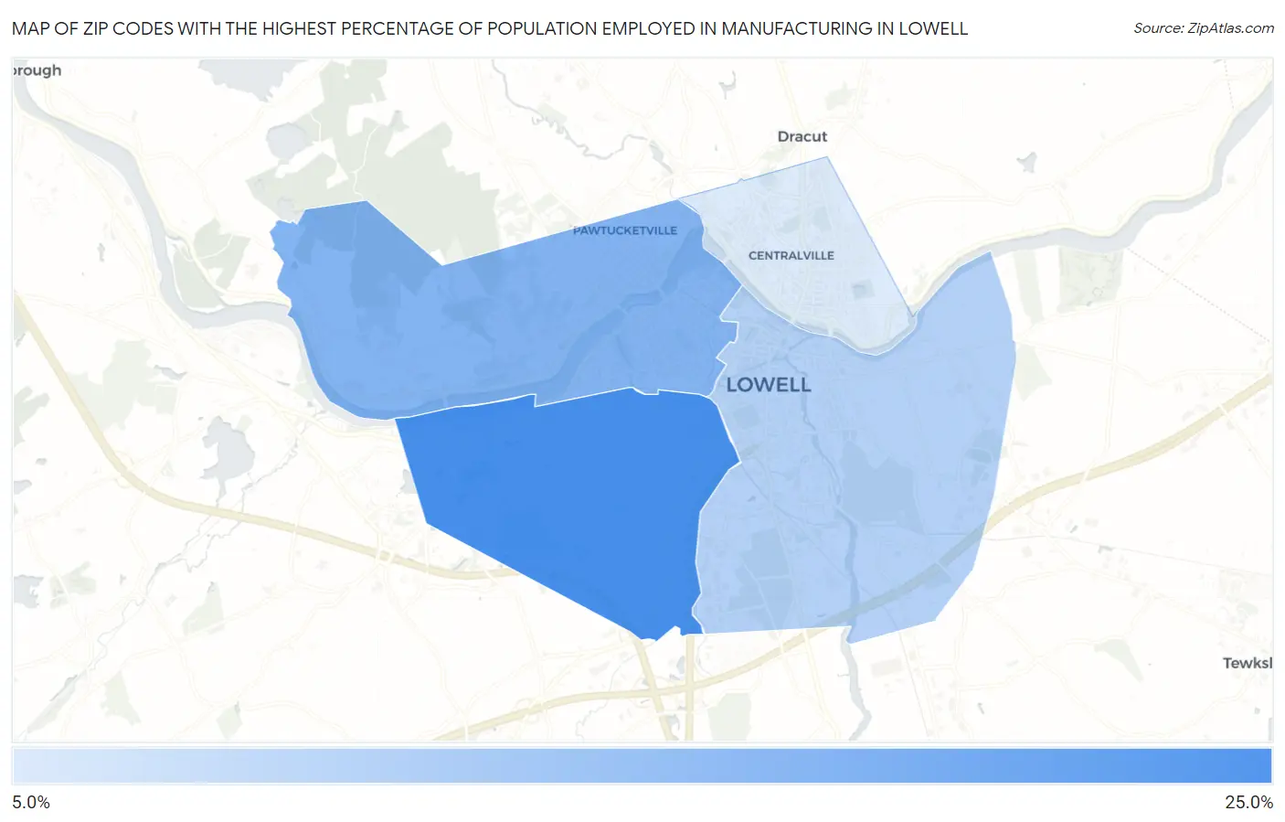 Zip Codes with the Highest Percentage of Population Employed in Manufacturing in Lowell Map