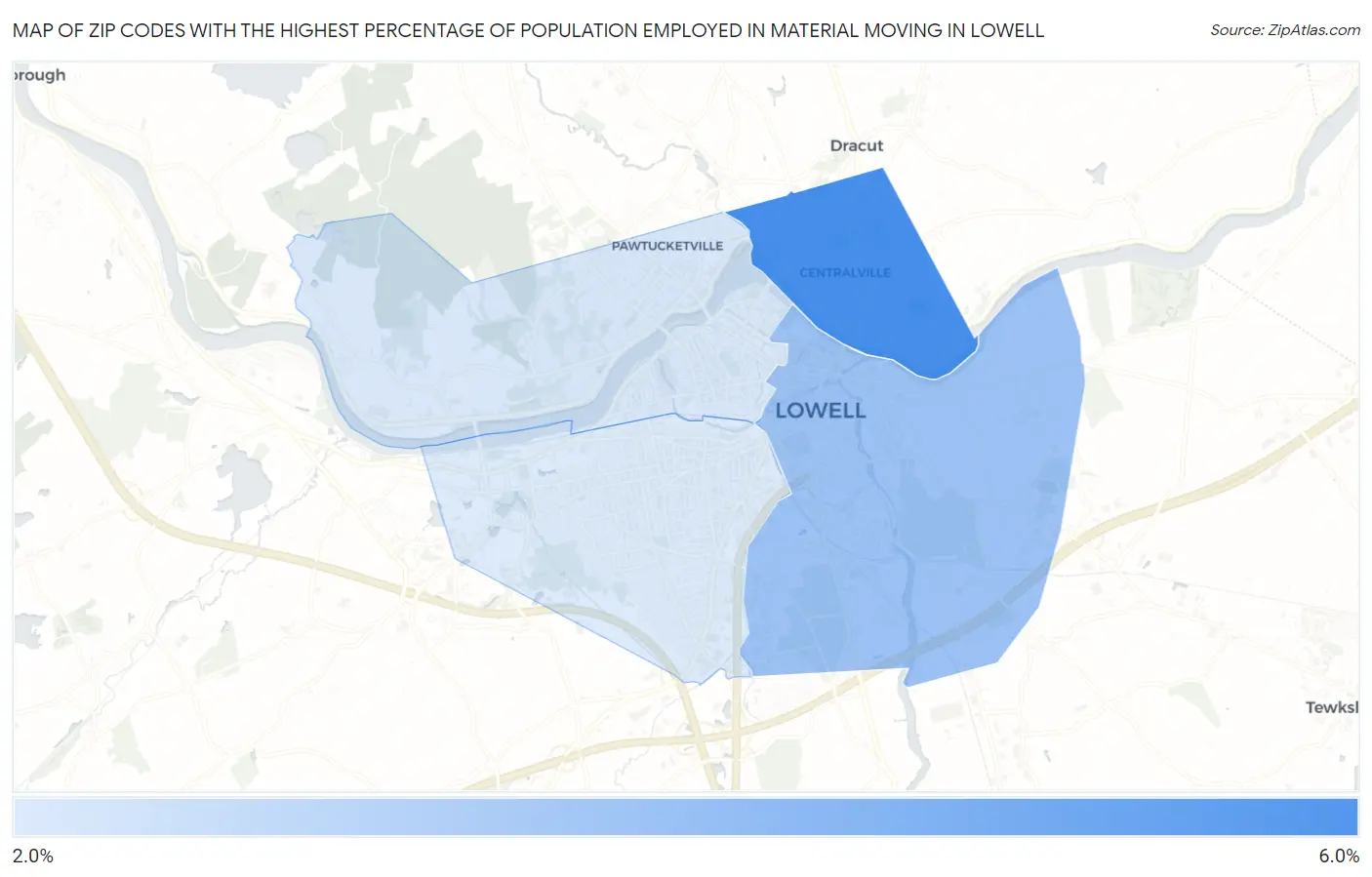 Zip Codes with the Highest Percentage of Population Employed in Material Moving in Lowell Map
