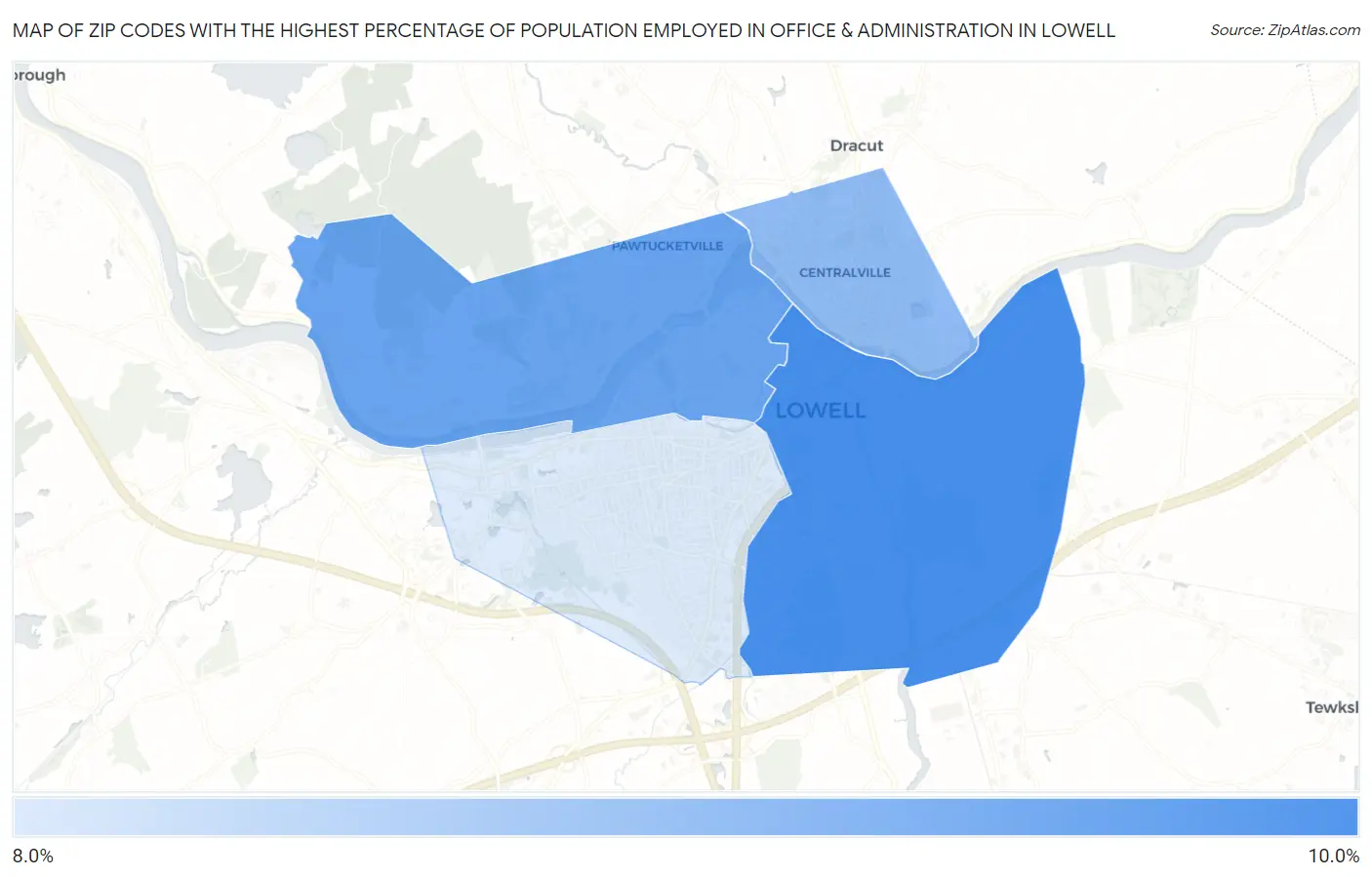 Zip Codes with the Highest Percentage of Population Employed in Office & Administration in Lowell Map