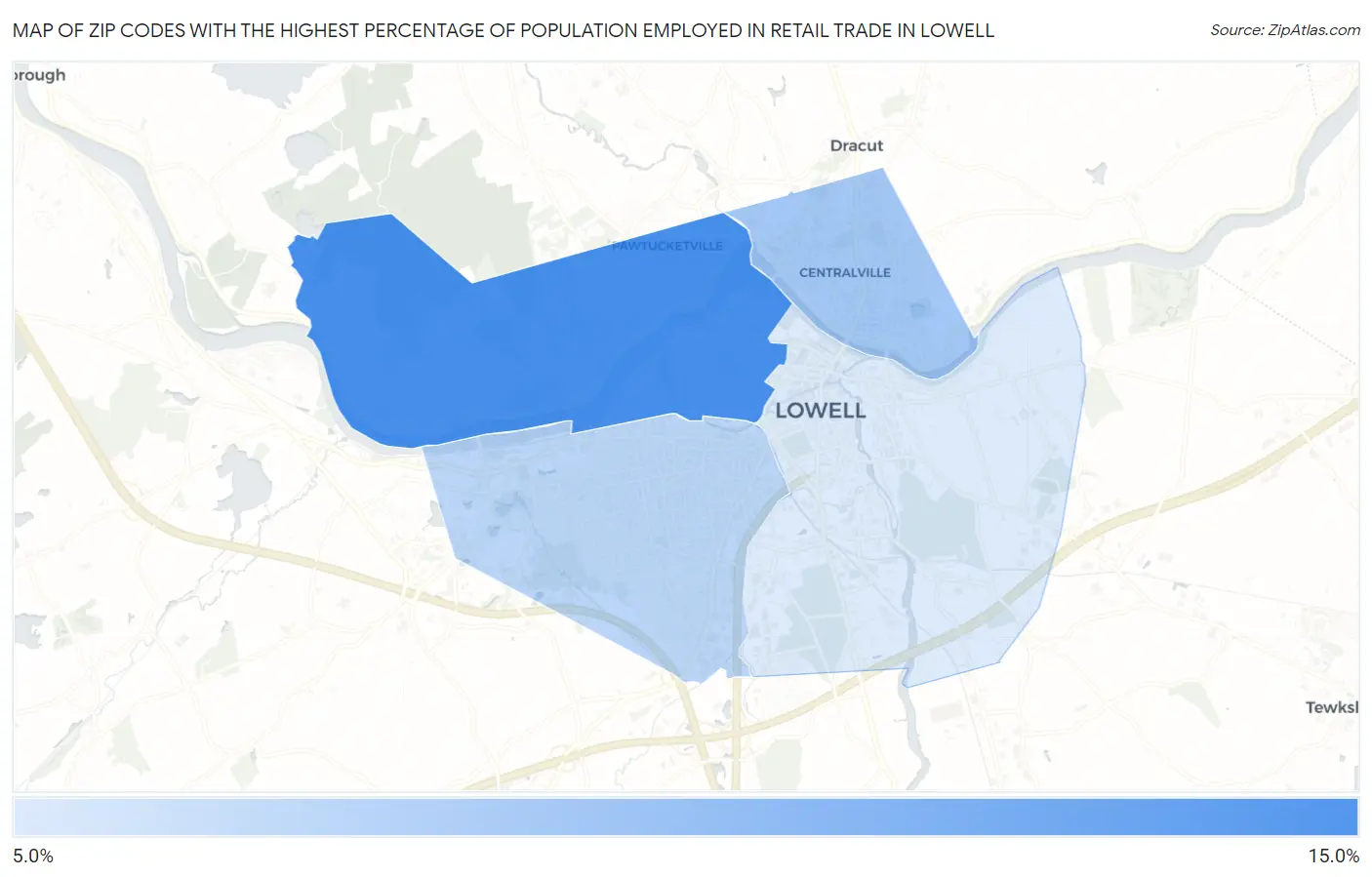 Zip Codes with the Highest Percentage of Population Employed in Retail Trade in Lowell Map