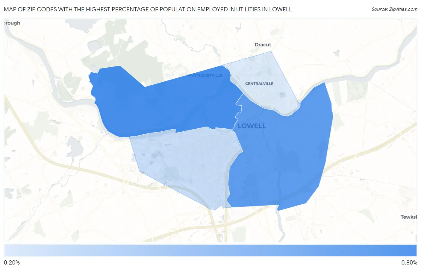 Zip Codes with the Highest Percentage of Population Employed in Utilities in Lowell Map