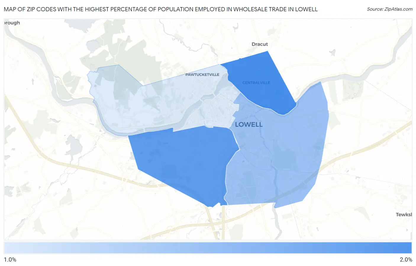 Zip Codes with the Highest Percentage of Population Employed in Wholesale Trade in Lowell Map
