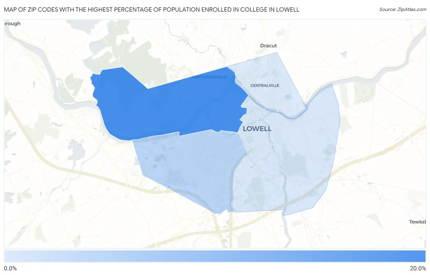 Zip Codes with the Highest Percentage of Population Enrolled in College in Lowell Map