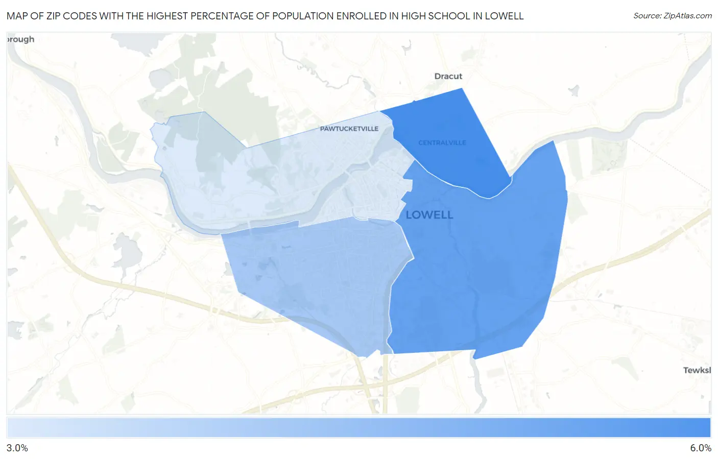 Zip Codes with the Highest Percentage of Population Enrolled in High School in Lowell Map
