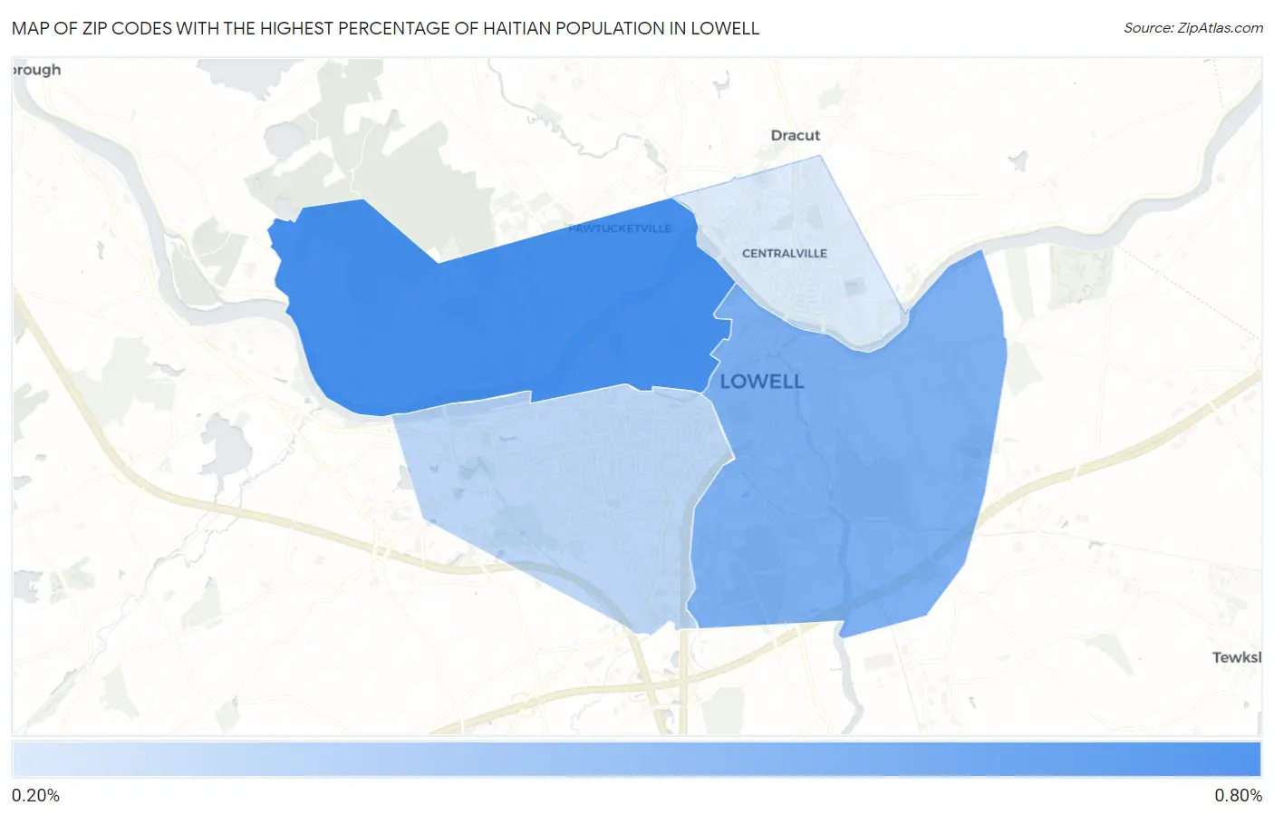 Zip Codes with the Highest Percentage of Haitian Population in Lowell Map