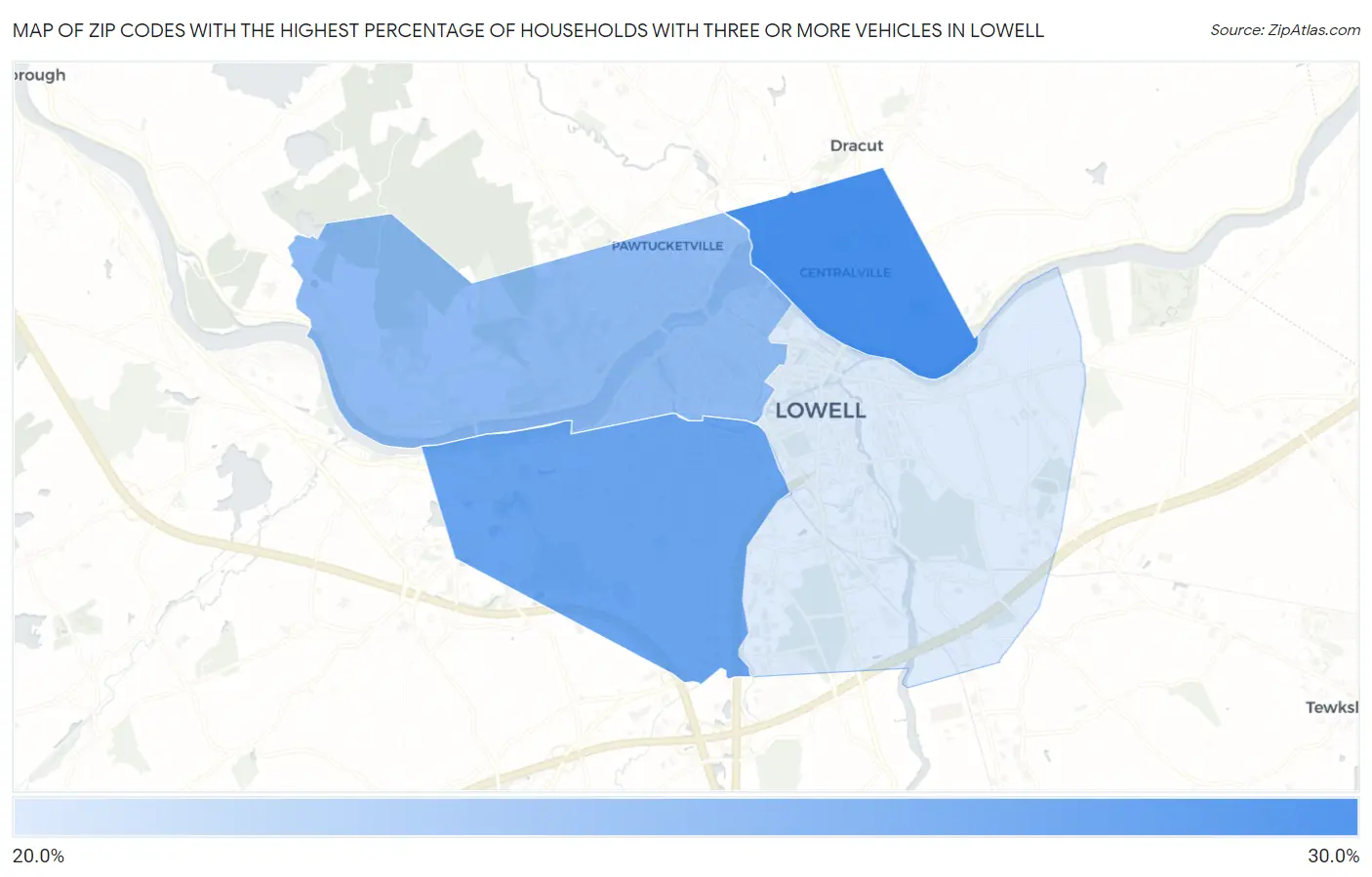 Zip Codes with the Highest Percentage of Households With Three or more Vehicles in Lowell Map