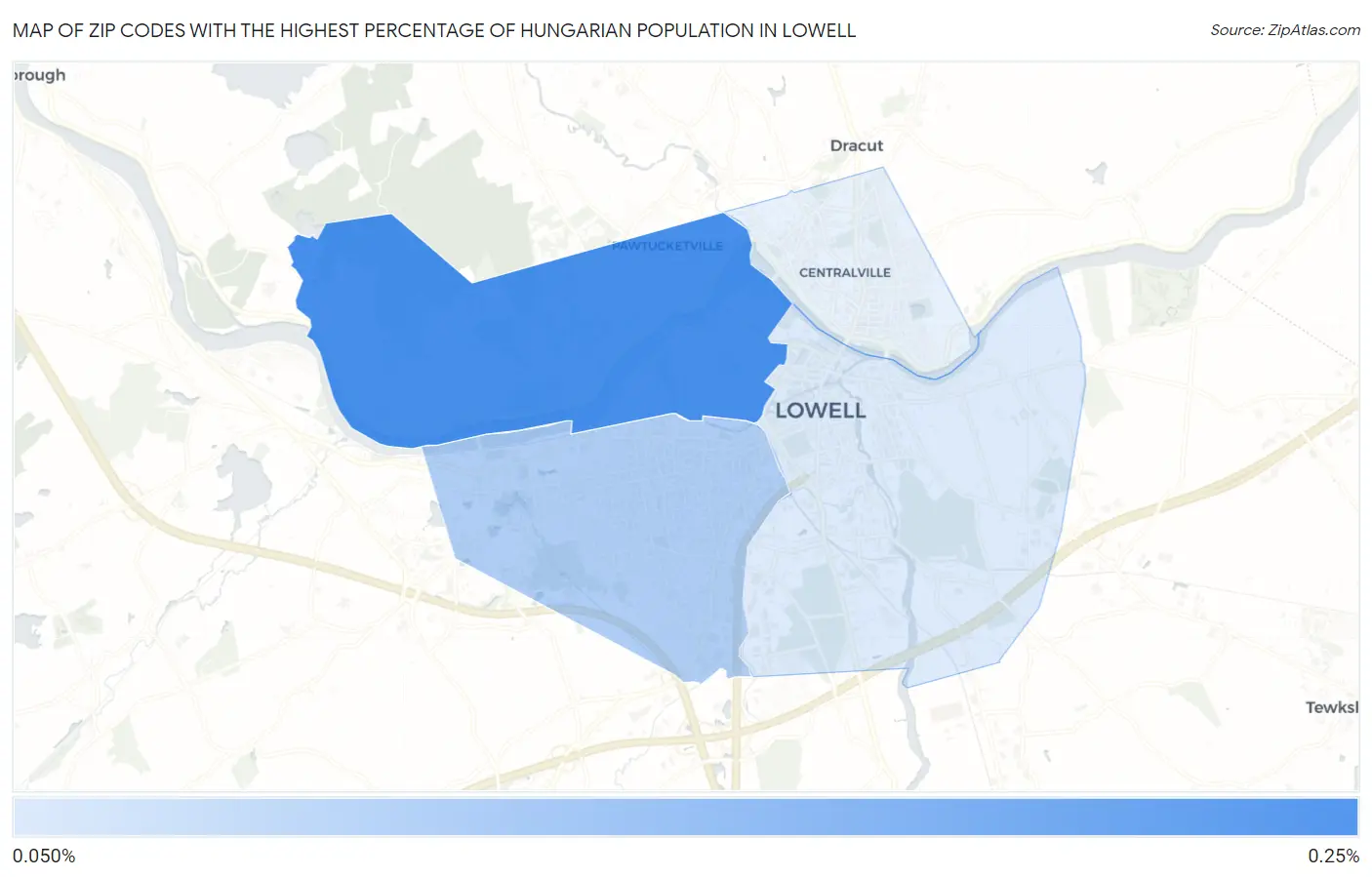 Zip Codes with the Highest Percentage of Hungarian Population in Lowell Map
