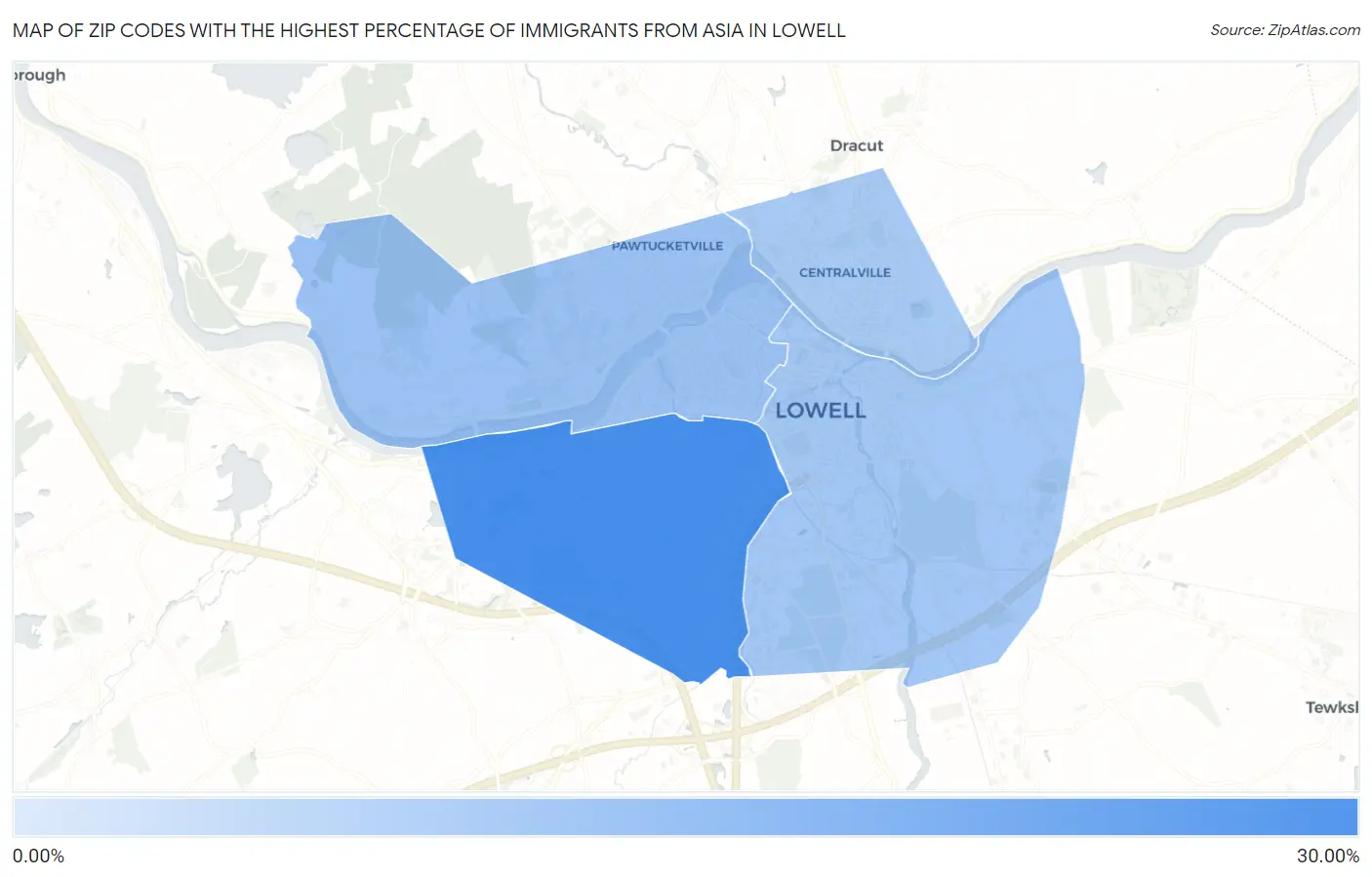 Zip Codes with the Highest Percentage of Immigrants from Asia in Lowell Map