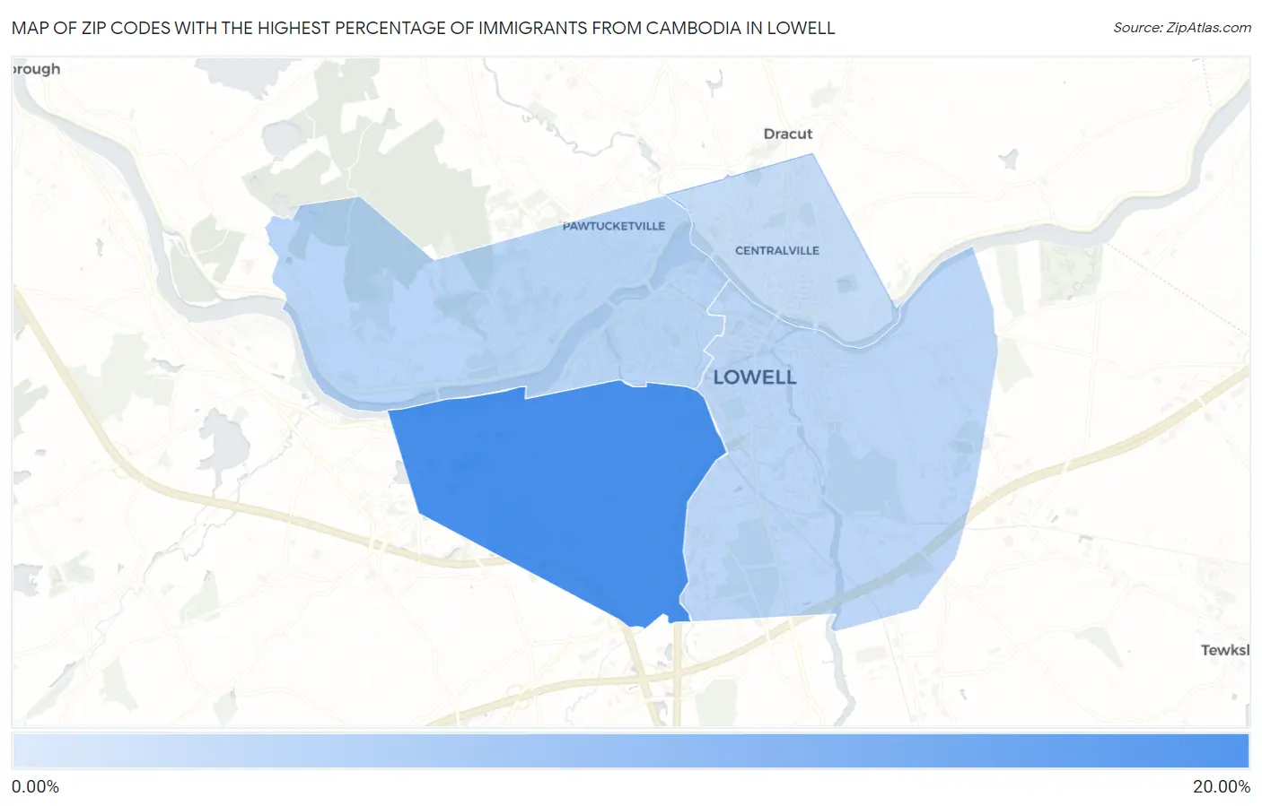 Zip Codes with the Highest Percentage of Immigrants from Cambodia in Lowell Map