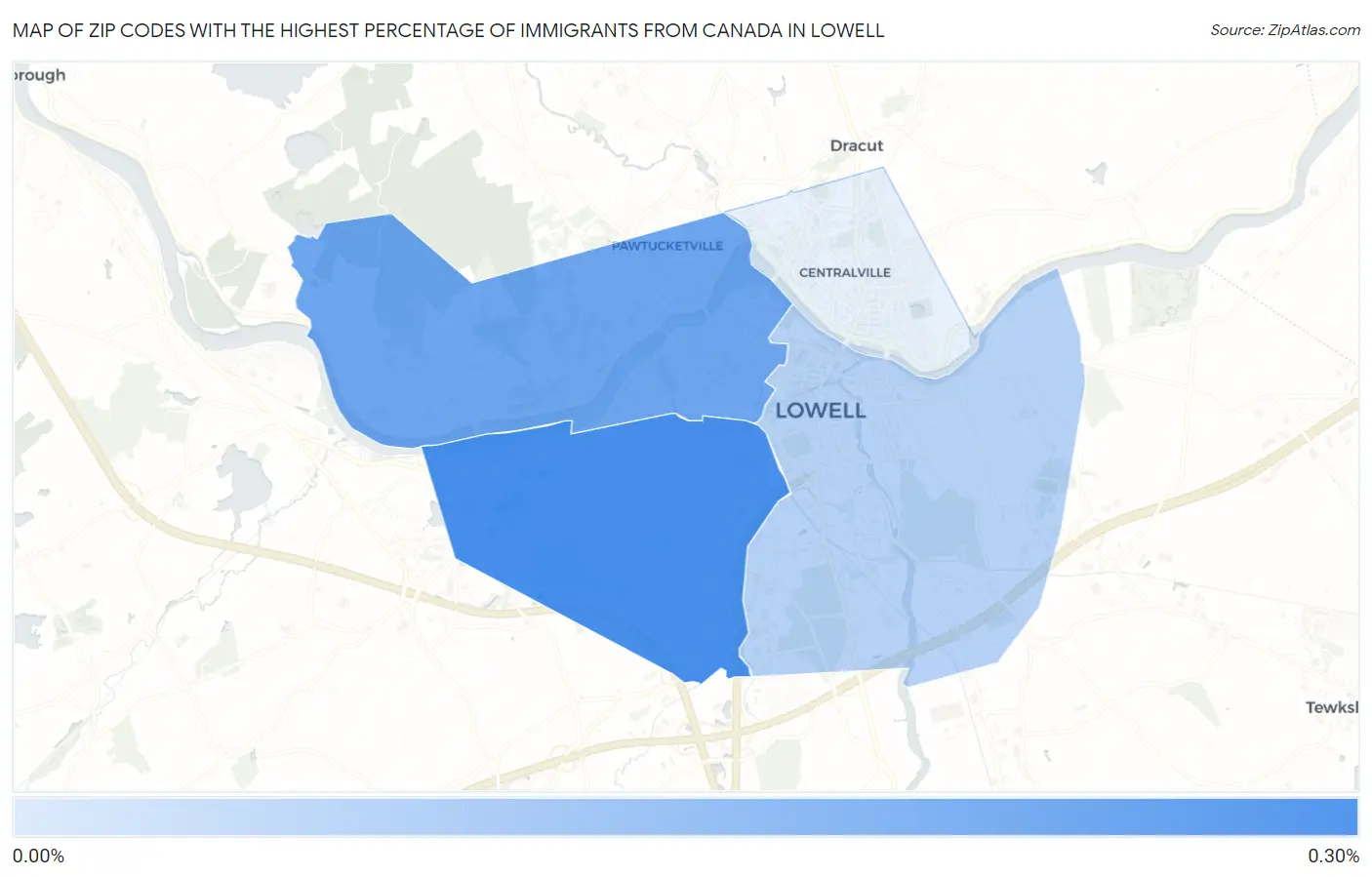 Zip Codes with the Highest Percentage of Immigrants from Canada in Lowell Map