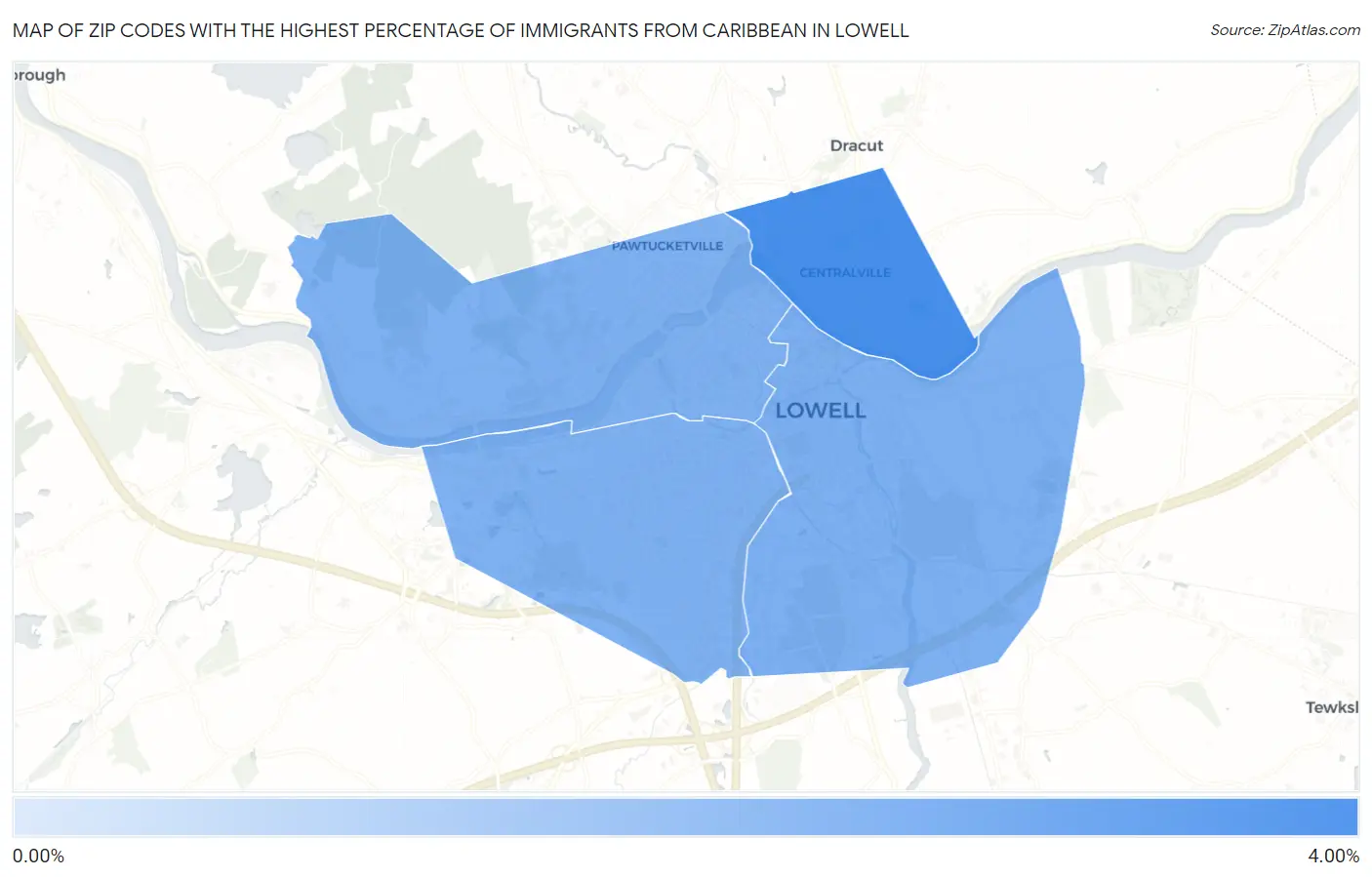 Zip Codes with the Highest Percentage of Immigrants from Caribbean in Lowell Map