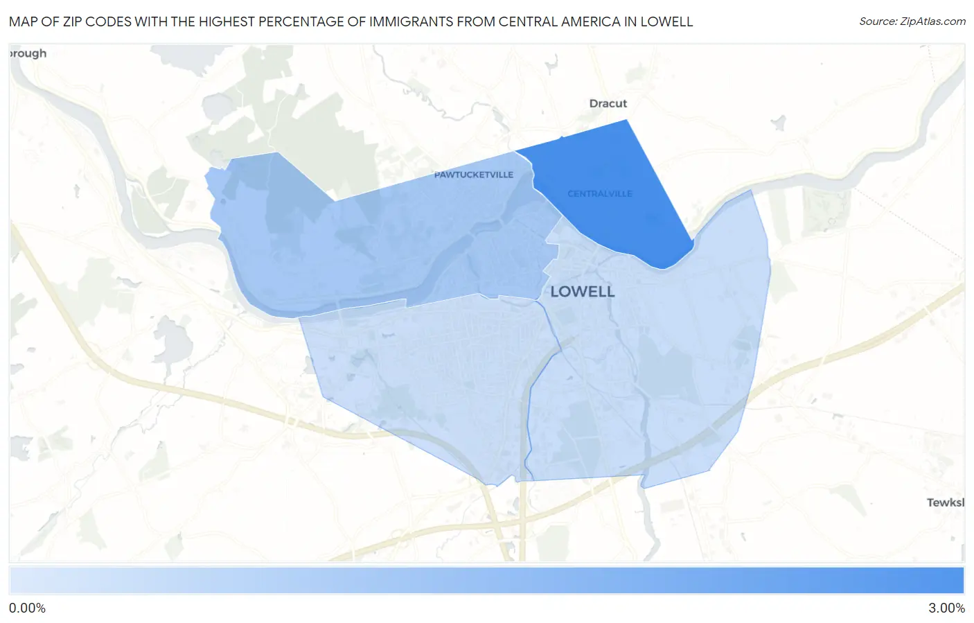 Zip Codes with the Highest Percentage of Immigrants from Central America in Lowell Map