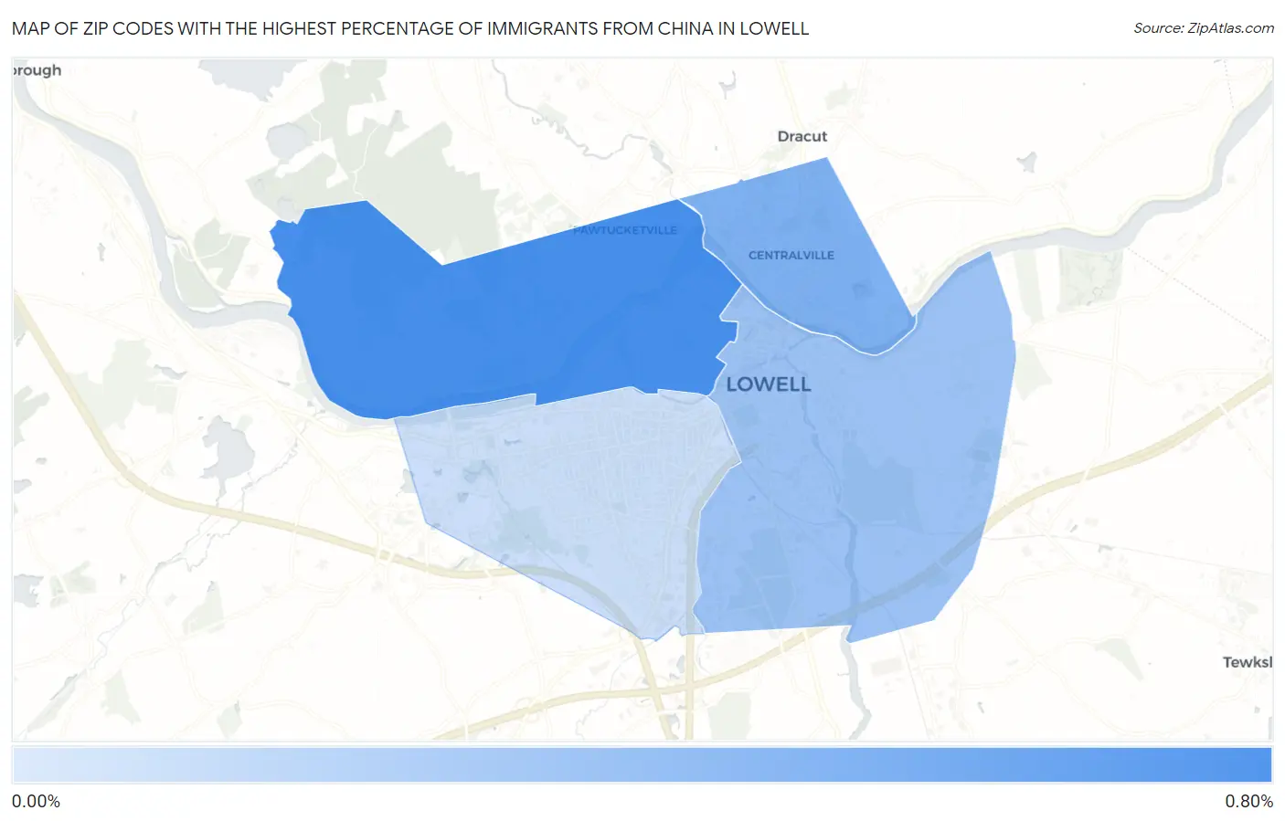 Zip Codes with the Highest Percentage of Immigrants from China in Lowell Map